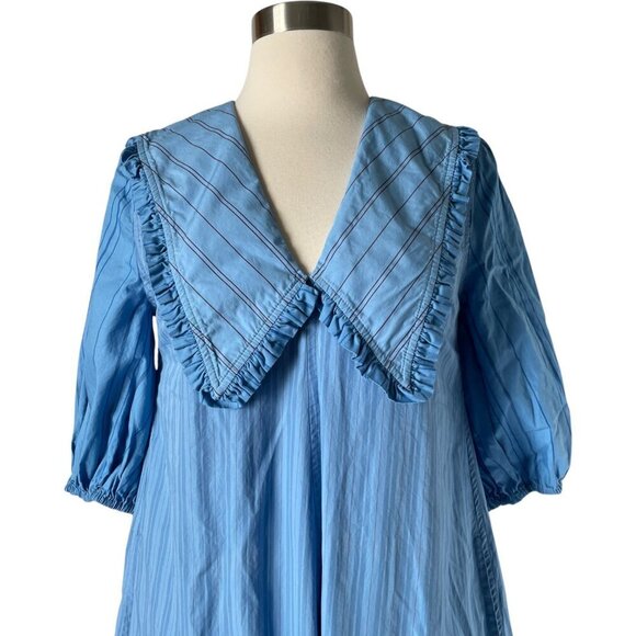 Ganni Re-Cut Striped Cotton V-Neck Midi Dress Blue Puff Sleeve - Picture 6 of 13